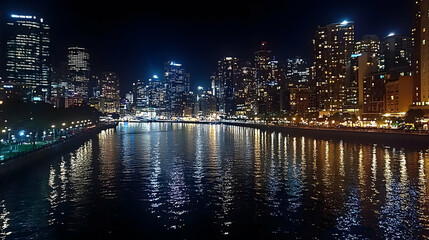 Obraz premium A vibrant cityscape at night with illuminated skyscrapers reflected in the water.