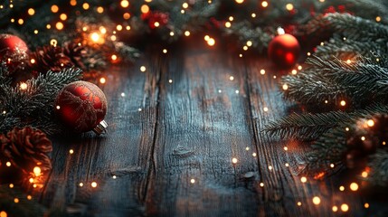 Rustic Wooden Table Decorated with Christmas Ornaments and Lights