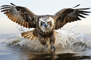 Fototapeta premium Osprey swooping down towards a river, talons outstretched ready to catch a fish just below the surface