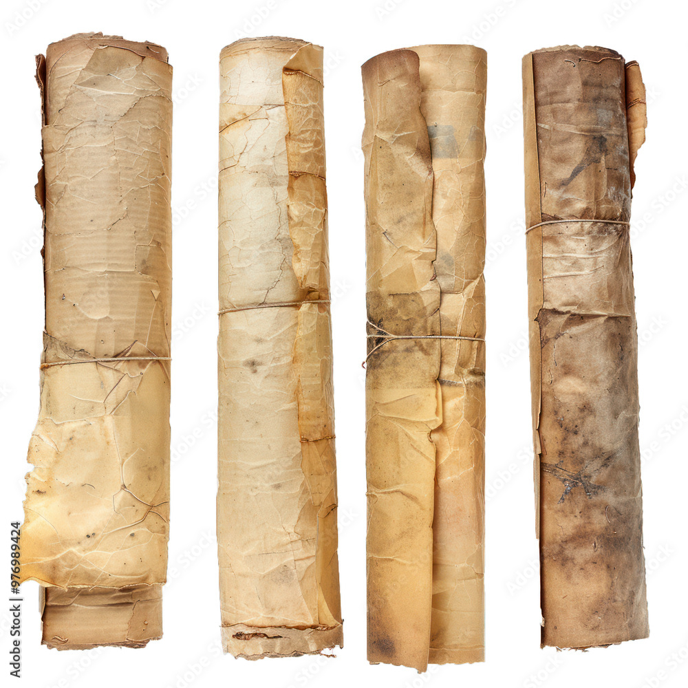 Poster four old rolled up papers tied with string are laying on a white background