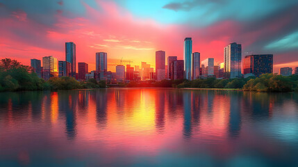 Obraz premium A vibrant cityscape at sunset, with a colorful sky reflected in a calm lake.