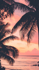 A tranquil beach sunset featuring soft pink and orange hues with silhouetted palm trees against the vibrant sky