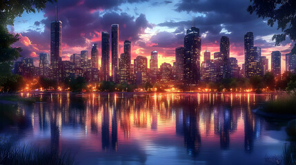 Fototapeta premium A vibrant cityscape at sunset, with tall skyscrapers reflecting in the water.