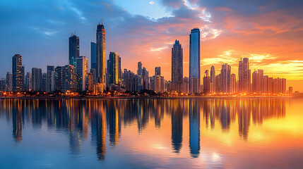 A vibrant cityscape at sunset, with the reflection of the buildings and the sky in the water.