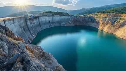 Dam with Water Cascading Down into River. Dam with water cascading over its edge, flowing into a river below, surrounded by lush greenery and sunlight reflecting off the water.