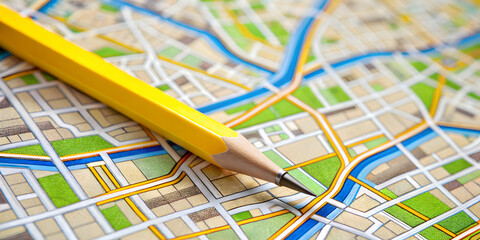 Detailed street map being annotated with a bright yellow pencil outdoors , street map, annotation, bright yellow pencil
