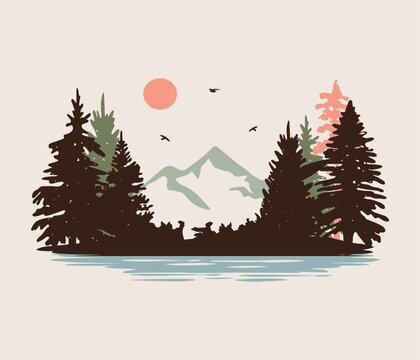 forest landscape with mountains vector silhouette. woodland landscape with mountains and lake vector silhouette. mountain landscape with fir trees and water vector 	
