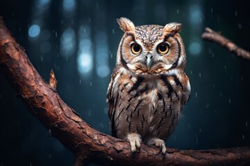 Obraz premium Owl perched on a tree branch at dusk, symbolizing wisdom in the forest