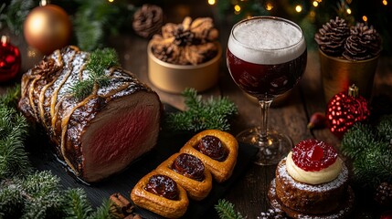 Festive Christmas Feast with Roast Beef, Desserts, and a Glass of Wine