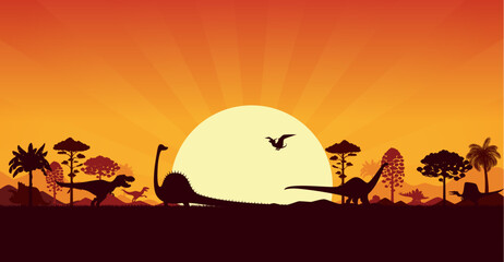 Prehistoric dinosaur silhouettes in sunset jungles landscape, vector Jurassic era background. T-rex dinosaur, giant lizards and prehistoric pterodactyl birds silhouettes in forest with sunset © Vector Tradition