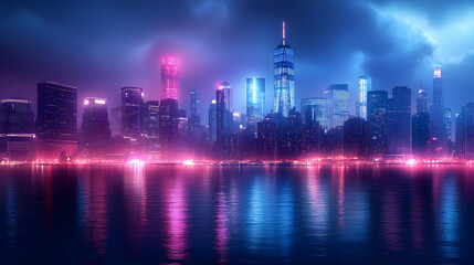 A vibrant cityscape skyline at night with neon lights reflecting in the water.
