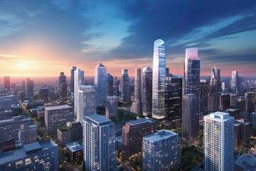 Fototapeta premium Vibrant 3D Urban Skyline Illustration with Architectural Energy and Dynamic Design