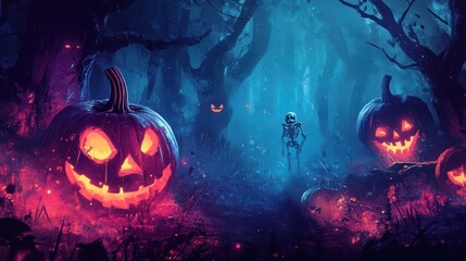 Naklejka premium Halloween Forest with Jack o Lantern and Skeleton