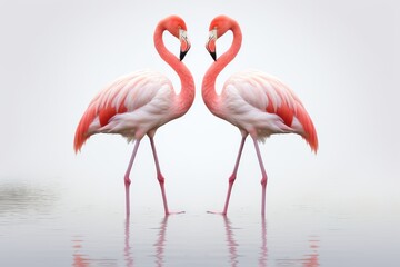 Fototapeta premium Pair of flamingos standing together in an urban pond, highlighting animals in pairs in unexpected habitats