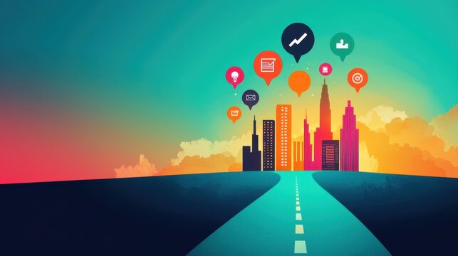 Path to Professional Growth - Watercolor Skyline with Career Icons, Copy Space for Text