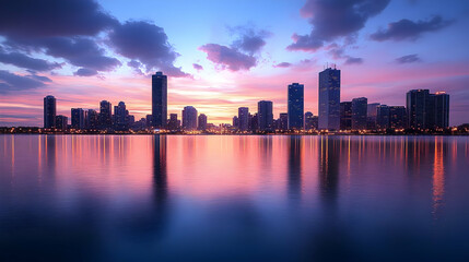 Fototapeta premium A vibrant cityscape skyline with a beautiful pink and purple sunset reflected in the water.