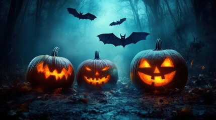 Spooky Halloween Jack O Lanterns in Haunted Forest
