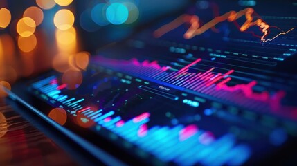Close-up of a digital screen showing colorful financial graphs and stock market data, reflecting a dynamic market analysis environment.
