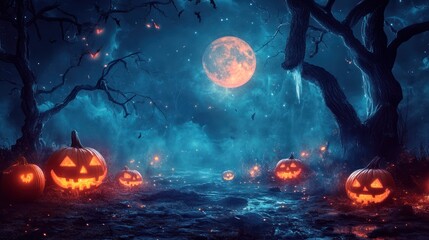 Spooky Halloween Forest with Jack o  Lantern and Full Moon