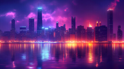 Obraz premium A vibrant cityscape skyline with colorful neon lights reflecting on the water.