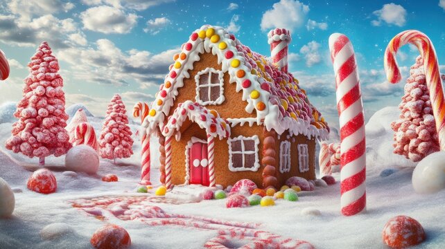 Candy-themed gingerbread house with colorful decorations, including candy canes, gumdrops, and a magical fantasy setting for a fun holiday atmosphere. Gingerbread house, New Year, Christmas
