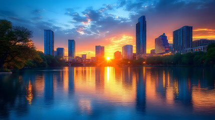 Fototapeta premium A vibrant cityscape skyline with skyscrapers and a lake at sunrise with a stunning sky.