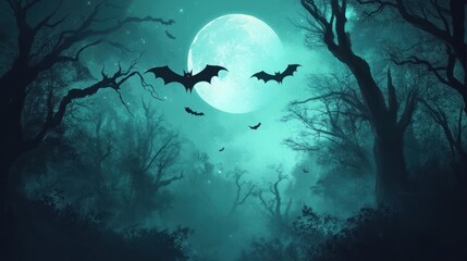 Obraz premium Mystical Halloween Forest with Full Moon and Bats