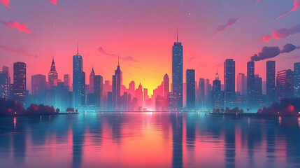 Fototapeta premium A vibrant cityscape with a stunning sunset reflecting on the water.