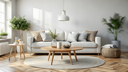 Scandinavian living room with a rustic round coffee table near a white sofa, Scandinavian, living room