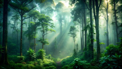 Dark forest with deep shade of mist and green with faint sunlight in background, mist, forest, dark, shade, green, sunlight