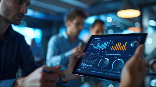 Team analyzing business data charts on a digital tablet in an office setting. Focus on tablet with graphs.
