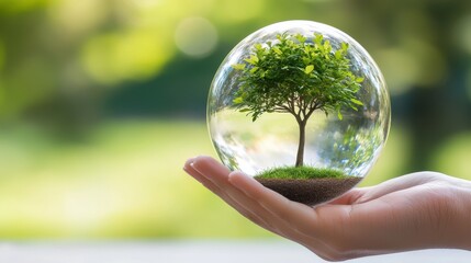 Hand Holding Glass Globe with Tree and Grass