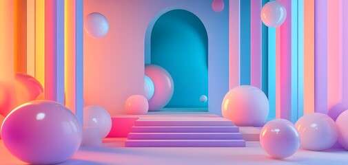 A vibrant abstract scene with colorful spheres and geometric pillars, perfect for backgrounds and creative projects.
