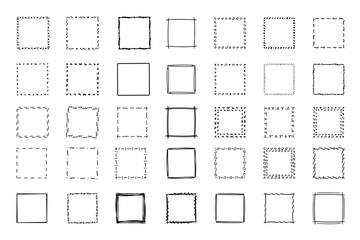 Square doodle frames ,hand-drawn monograms.Edgings and cadres with simple sketchy design elements.Isolated. Vector illustration