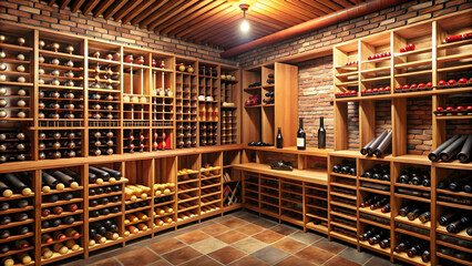 Wine cellar interior with stacked wine bottles and wooden shelves, wine, cellar, bottles, storage, vintage, winery