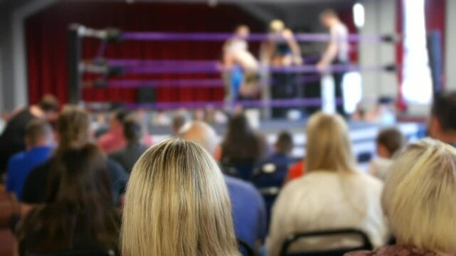 A crowd of spectators watching a live wrestling match as action unfolds in the ring. The blurred unrecognizable wrestlers fighting in the background emphasize the excitement of the event
