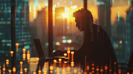 Silhouette of a person working on a laptop against a city skyline at sunset with digital graphs overlay. Concept of modern technology and business.