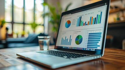 Modern laptop on a wooden desk displaying colorful financial graphs and charts, emphasizing data analysis in a bright office environment.