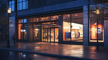 Exterior of modern retail store at night with warm lighting and glass facade