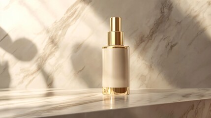 Naklejka premium A gold and white bottle with a spray nozzle sits on a marble countertop.