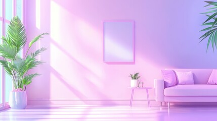 Minimalist Pink Living Room Interior with Sofa and Plant
