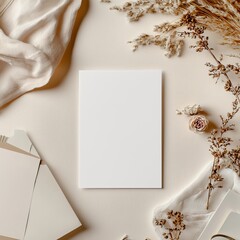 An artist's work space with a wooden casket, pencil, envelopes, stationery, and a webbing invitation card. A flat layout top-view mockup, with space for copy.