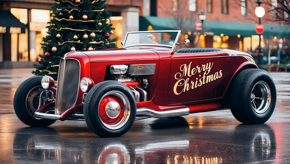 Beautiful unique vintage hot rod car, Merry Christmas text, automotive background, tuning template, wallpaper, auto transport	