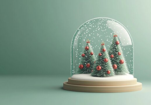 Rappresentazione  3D di alberi di Natale all'interno di una cupola di vetro con neve che cade su uno sfondo azzurro