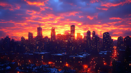 Obraz premium A vibrant sunrise illuminates the city skyline with a fiery glow.