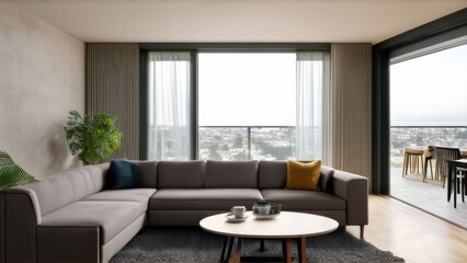 Fototapeta premium Stylish interior of living room with soft sofa and coffee table