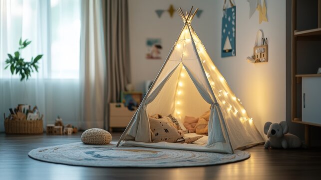 childrens cozy reading nook, a tranquil kids play corner featuring a snug tent, twinkling fairy lights, and plush rugs, offering a calming atmosphere for peaceful play and rest