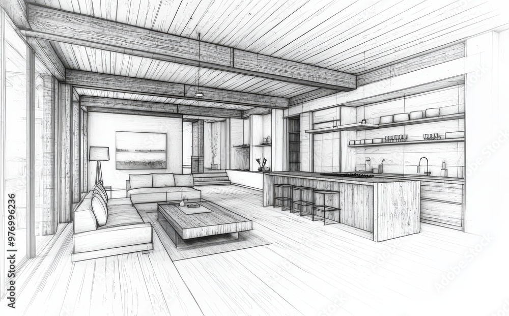 Poster rendering of a stylish clinker house with a pool and garage for sale or rent. black line sketch with