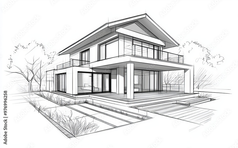Poster stunning rendering of a cozy clinker house on the ponds with a pool and garage. black line sketch wi