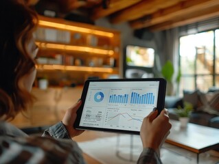 Person analyzing business analytics on a tablet screen with charts and graphs in a modern office setting.